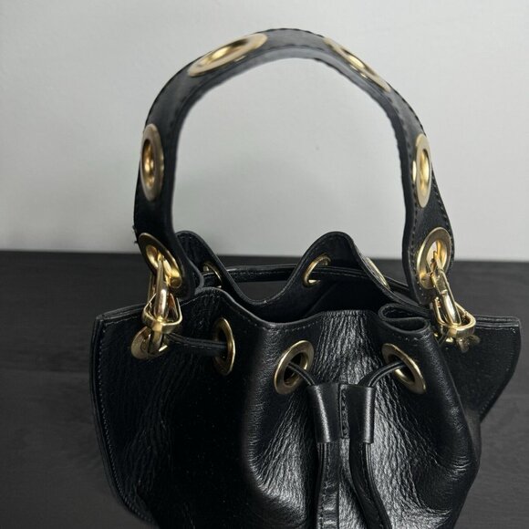 HOUSE OF HARLOW‎ 1960 100% Leather Bucket Drawstring Bag Eyelets - Picture 4 of 10